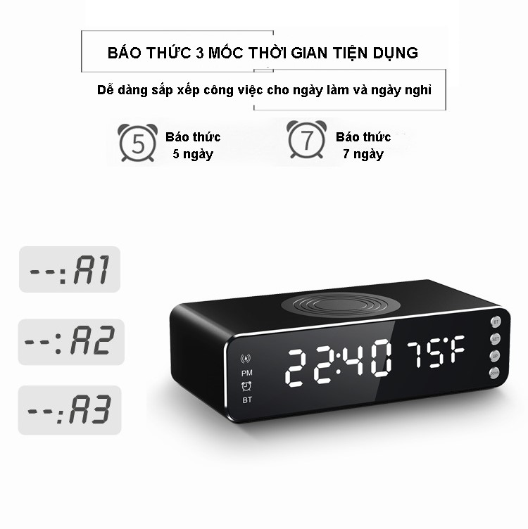 Đế sạc nhanh không dây từ tính cho điện thoại công suất 15W tích hợp loa bluetooth đồng hồ xem giờ báo thức báo nhiệt độ