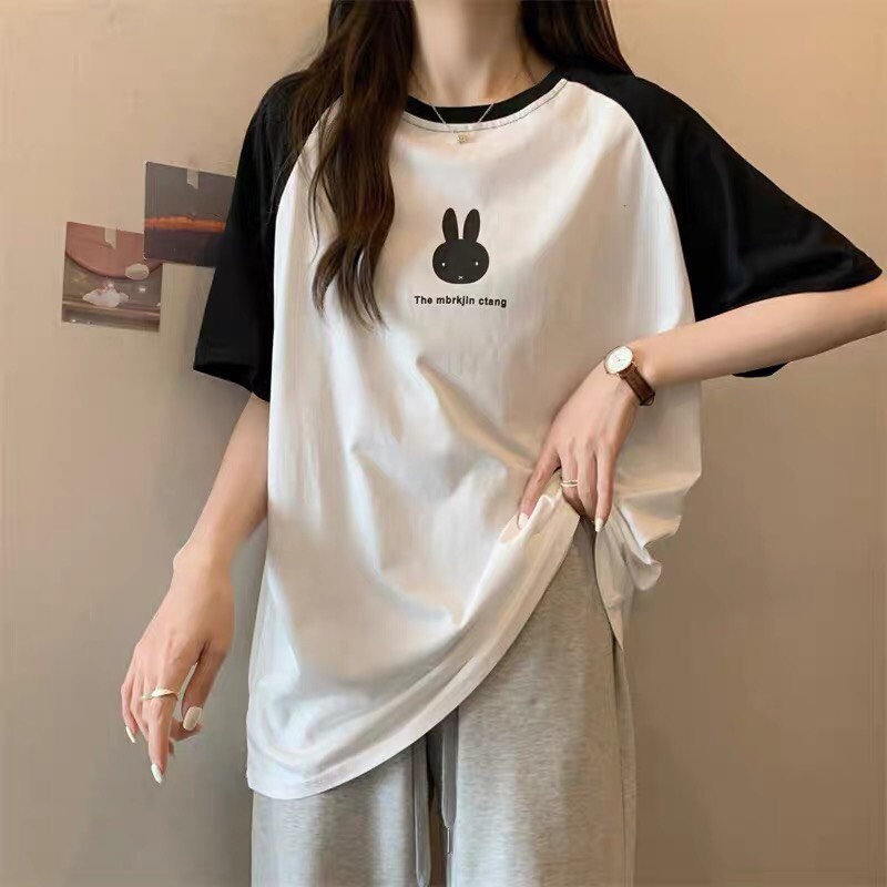 Áo phông nam nữ form rộng 2N Unisex thun cotton in hình thỏ raglan màu trắng/xám đất