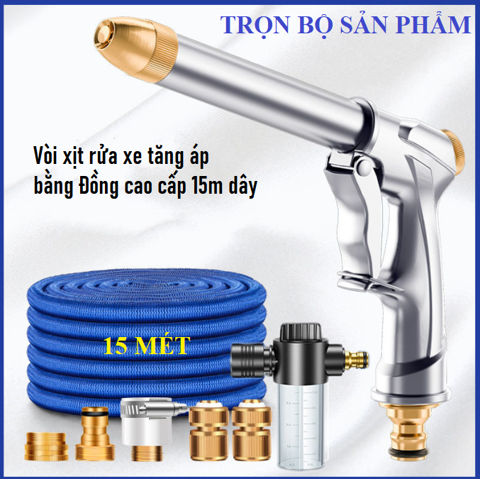 Vòi phun nước đồng cao cấp rửa xe tưới cây tăng áp thông minh giãn nở khi sử dụng 15 mét dây