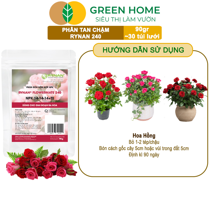 Phân Tan Chậm GreenHome, Rynan 240, Bao 90gr ~ 30 Túi Lưới 3gr, Dùng Cho Hoa Hồng Ra Hoa Đều Và Rực Rỡ