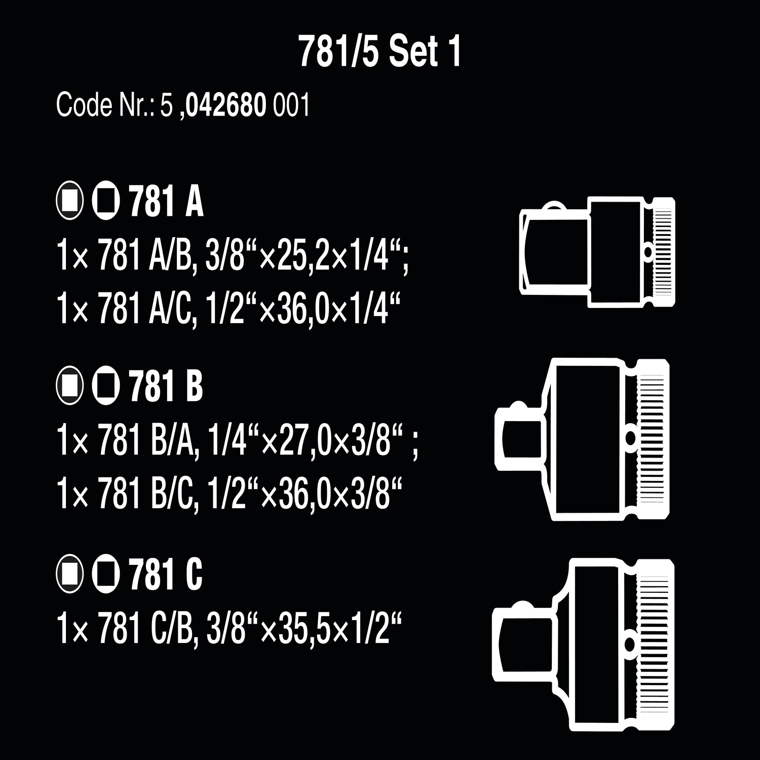 Bộ đầu chuyển 1/4&quot;, 3/8&quot; và 1/2&quot; Wera 05042680001 781/5 Set 1 gồm 5 cái