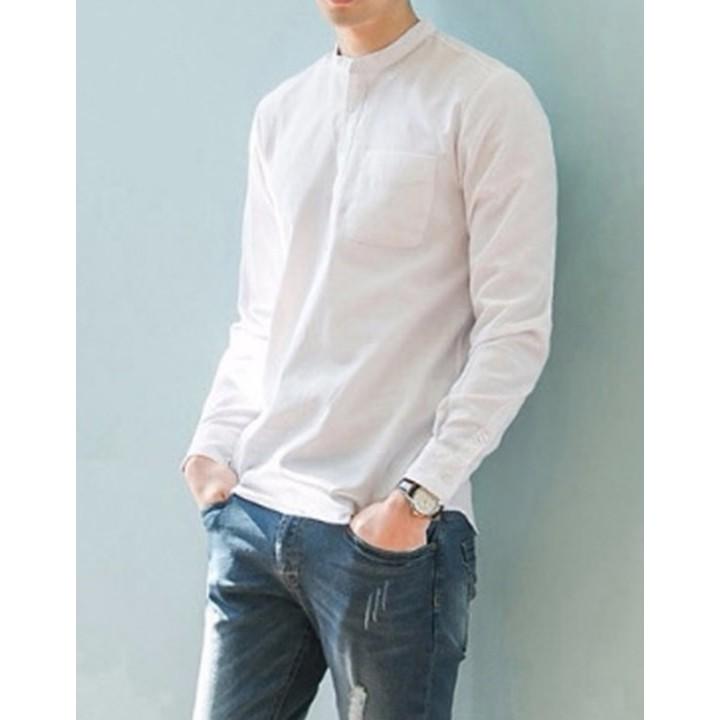 Áo sơ mi nam cổ trụ màu trắng vải 100% cotton - Áo trắng 1 túi,XXL