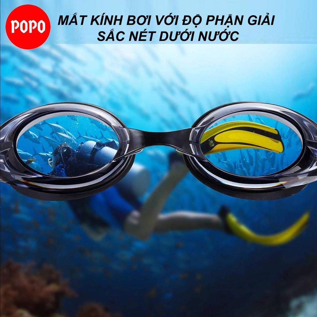 Kính bơi người lớn nam nữ POPO Set1153 kèm mũ bơi trơn, bịt tai kẹp mũi với mắt kiếng bơi chống tia UV