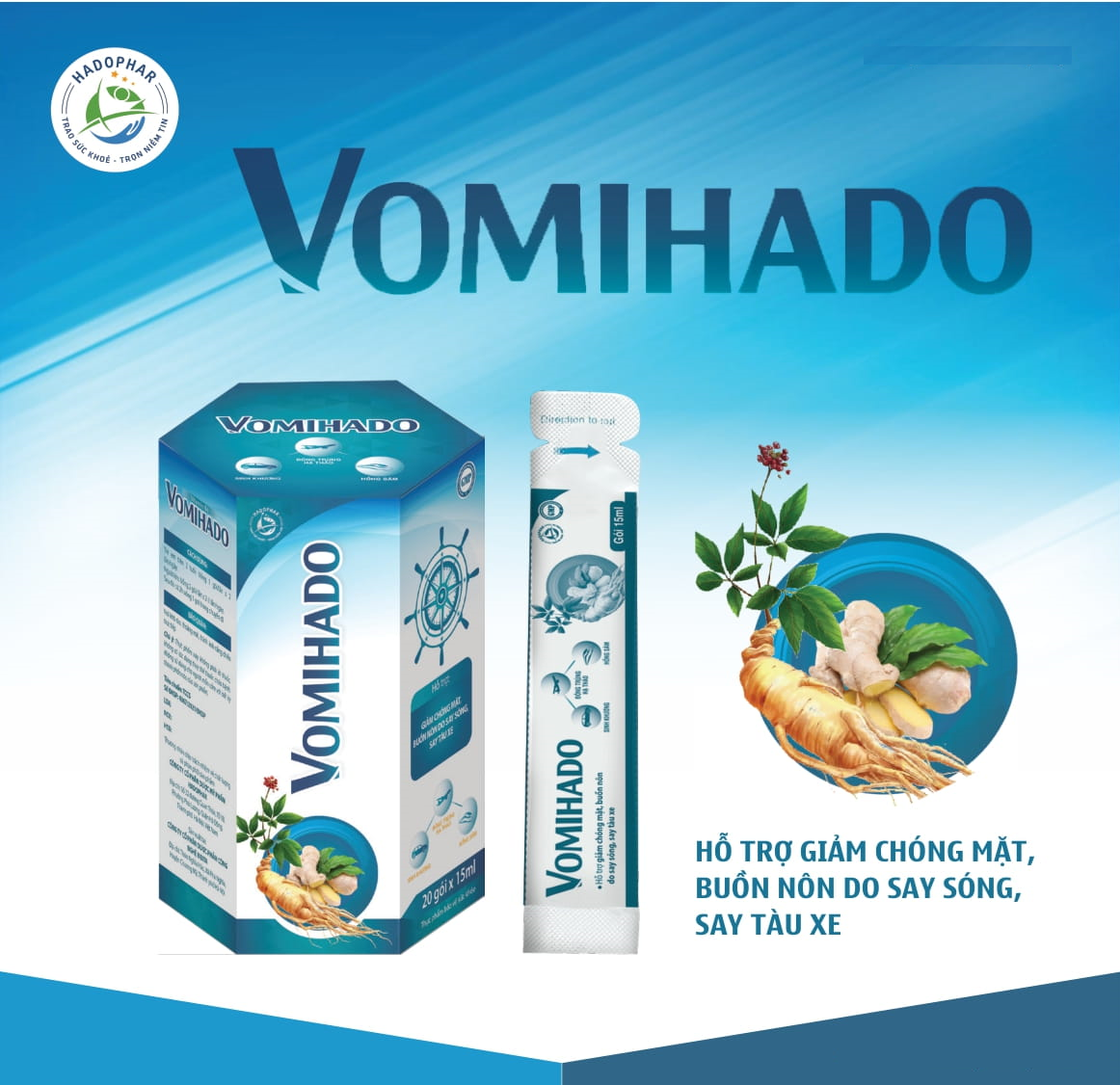 Gói Uống Chống Say Tàu Xe VOMIHADO – Giảm Chóng Mặt, Buồn Nôn Do Say Sóng, Say Tàu Xe, Máy Bay – Không Gây Hại Sức Khỏe, Dạng Gói Tiện Lợi – Vomina Gói 15Ml