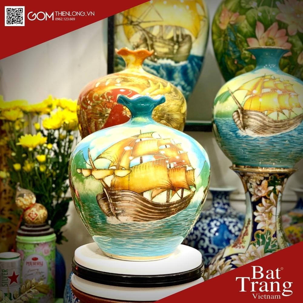 Bình Hút Tài Lộc Thuận Buồm Xuôi Gió 3D - Miệng Lượn Vẽ Vàng- Bình Hút Lộc Bát Tràng - Gốm Thiên Long