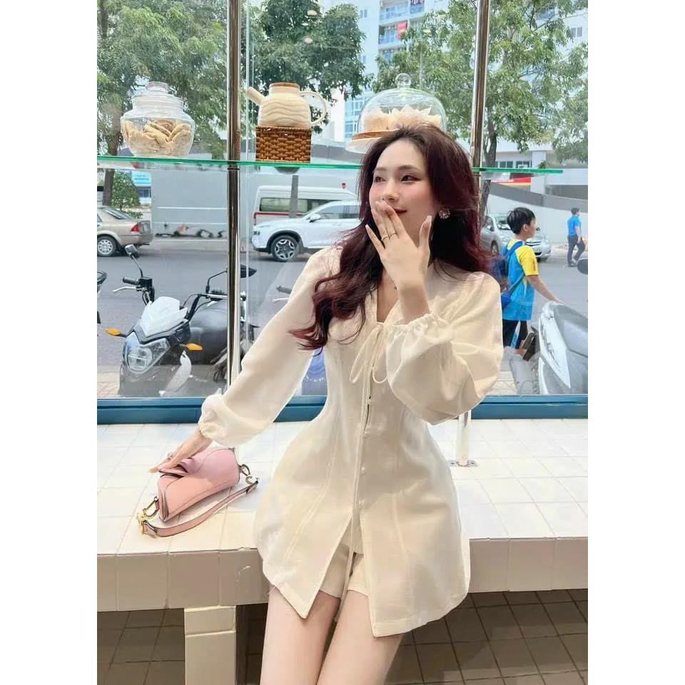 Set Bộ Đùi Cotton lạnh thời trang nữ tay dài mặc đi chơi cổ V tiểu thư cột dây tay phồng màu trắng