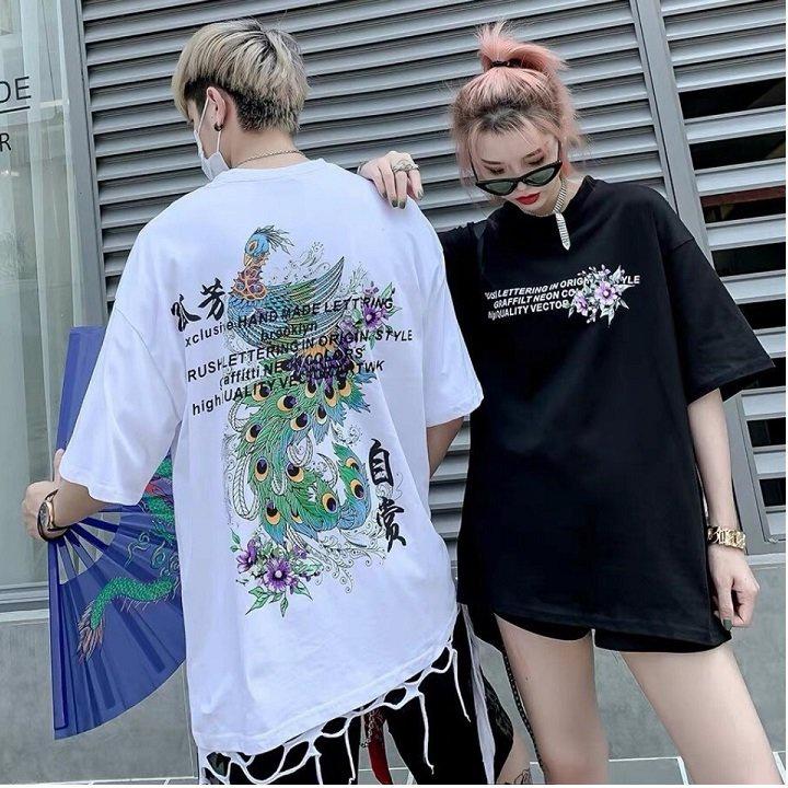 Áo thun nam nữ tay lỡ thun cotton 4 chiều in hình con công,thun co giãn thấm hút tốt