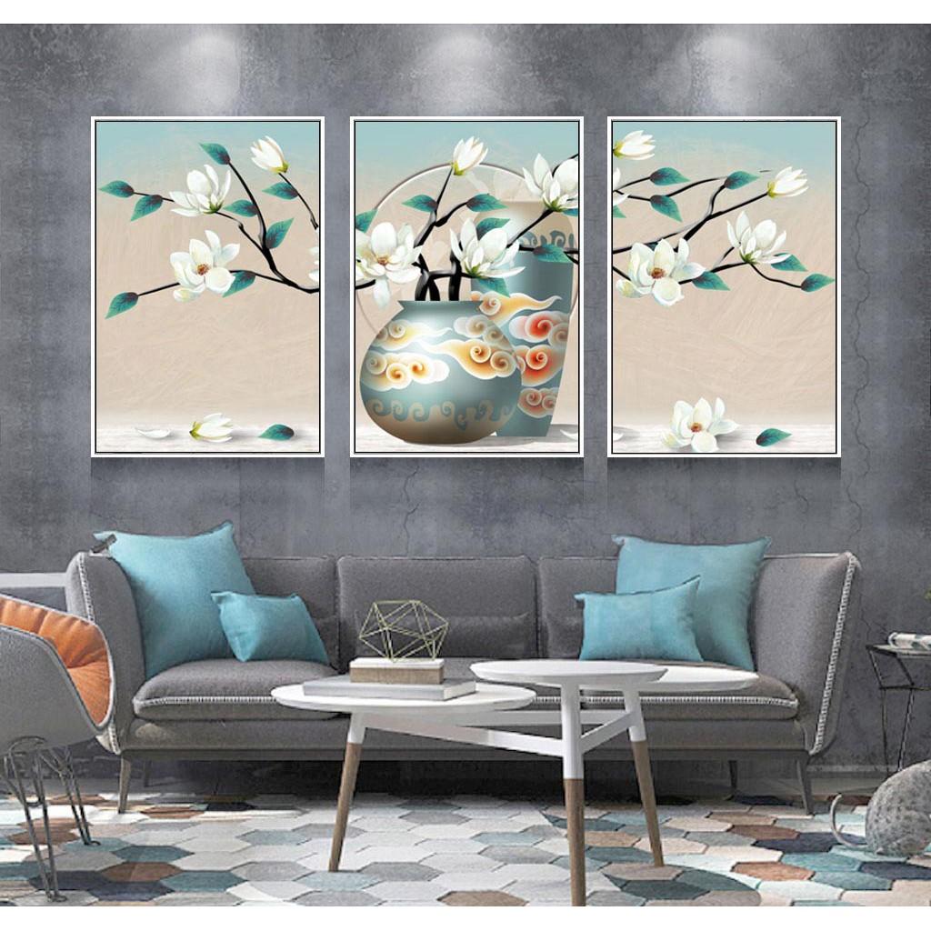 Bộ 3 tranh Canvas Giá Xưởng - Tranh Treo Tường Bình Hoa 3D Kèm Khung - Tặng kèm đinh đa năng không cần khoan tường
