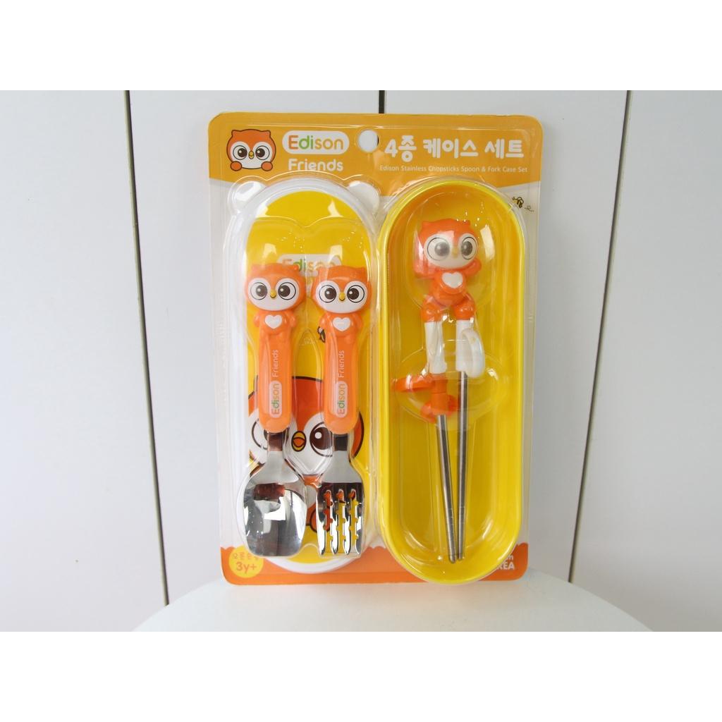 Đồ dùng ăn dặm cho bé MADE IN KOREA - set 3 món : Thìa-Dĩa- Đũa xỏ ngón tập gắp - Edison hình cú mèo 6971