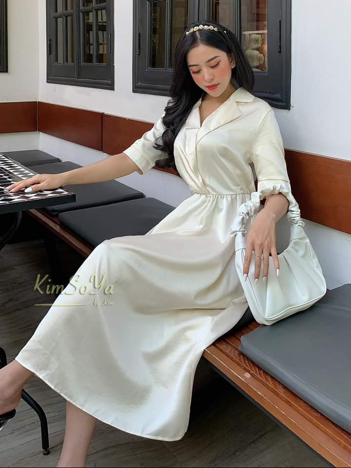 Đầm phi lụa cổ sơ mi form dài chất vải đẹp sang có chun sau lưng