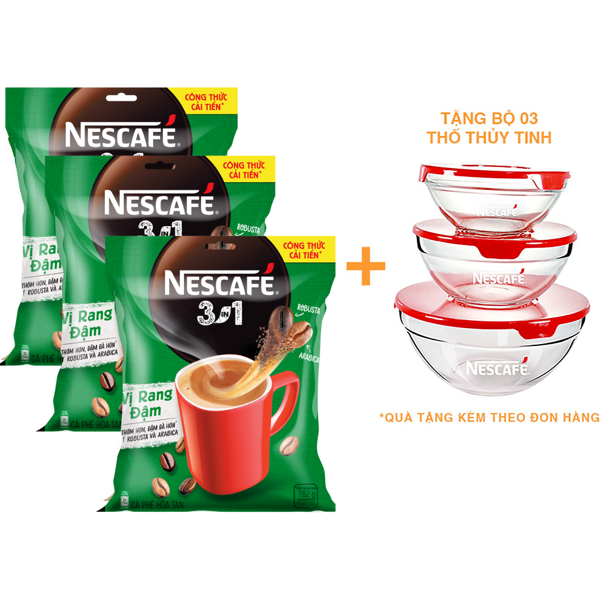 Combo 3 cà phê rang xay hoà tan Nescafé 3in1 Vị Rang Đậm (Bịch 46 gói x 17g) [Tặng bộ 3 thố thuỷ tinh Nescafé]