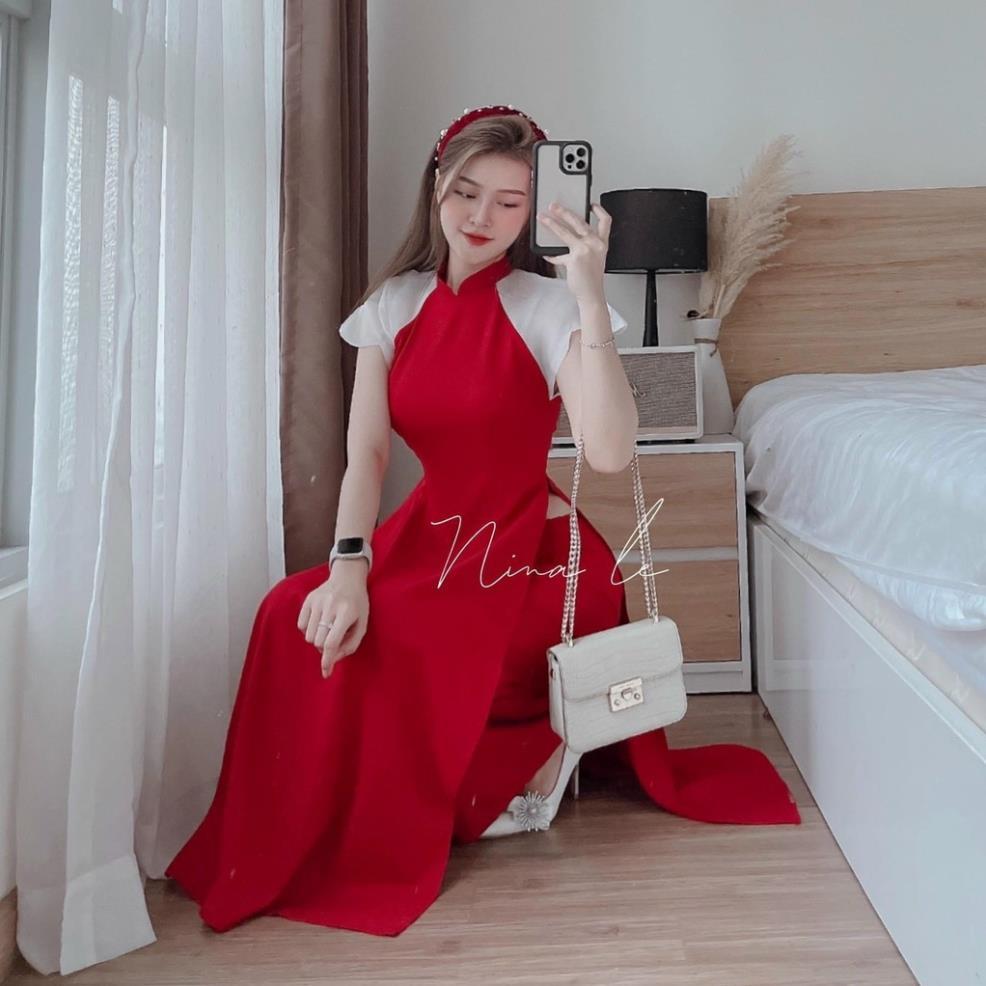 Set áo dài đỏ tay phối voan trắng bồng cánh tiên kèm quần suông đi chùa chúc tết nina lê