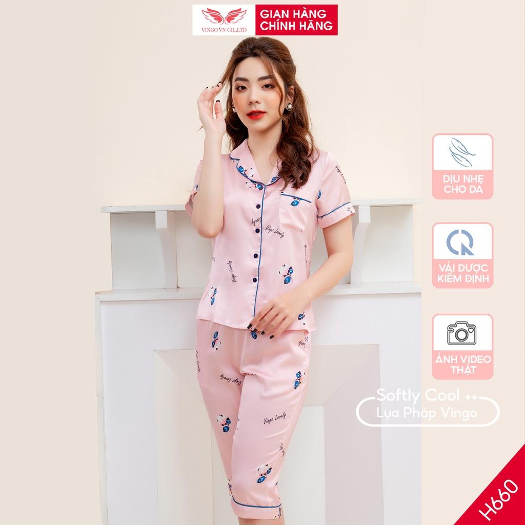 Đồ bộ nữ mặc nhà Pijama lụa Pháp VINGO tay ngắn quần lửng mặc mát mùa Hè họa tiết hoa hồng lé xanh thanh lịch H660 VNGO