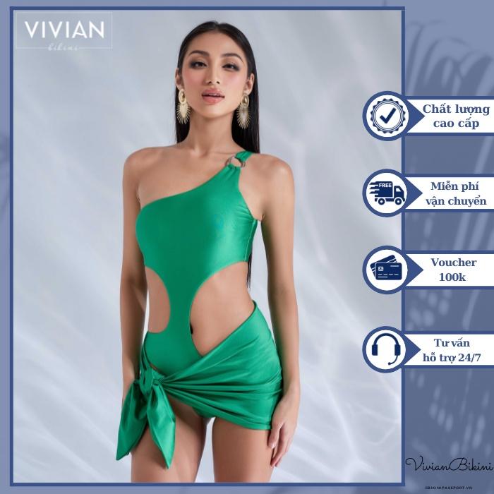 Đồ bơi nữ cao cấp  dạng một mảnh lệch vai cutout & phối váy cover cách điệu - Xanh lá cây - VS175_GN