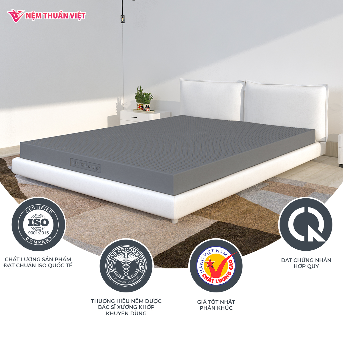 Nệm cao su than hoạt tính Thuần Việt Titan Grey - Miễn Phí Vận Chuyển, Bảo Hành 15 Năm, Trả Góp 0%