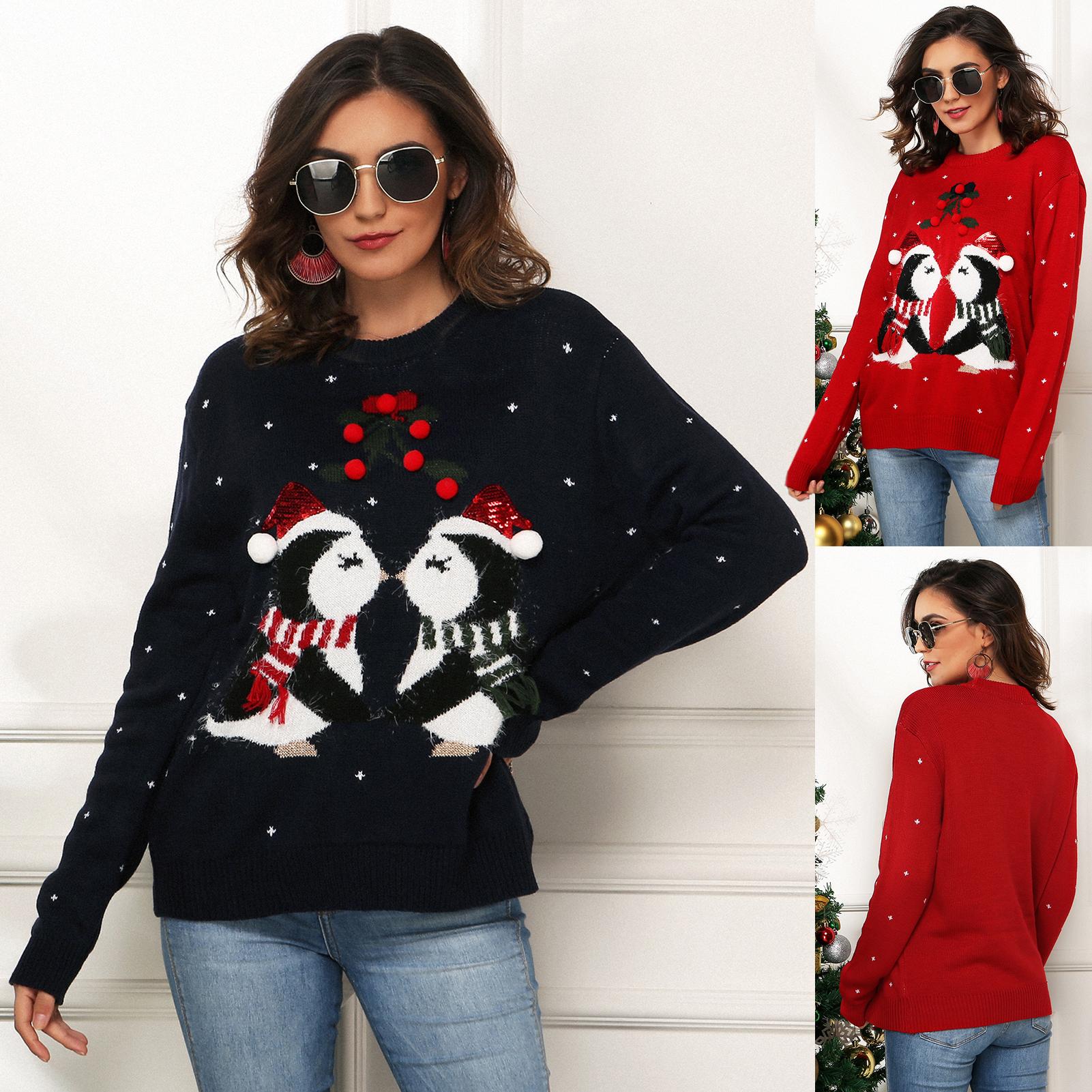 Fashion Women Winter Knitted Sweater Christmas Penguin O Neck Long Sleeve Loose Casual Pullover Knitwear
