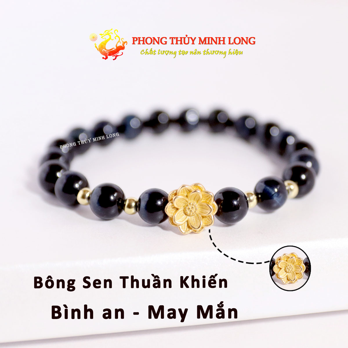 Vòng tay đá mắt hổ chim ưng xanh xám mix bông sen vàng