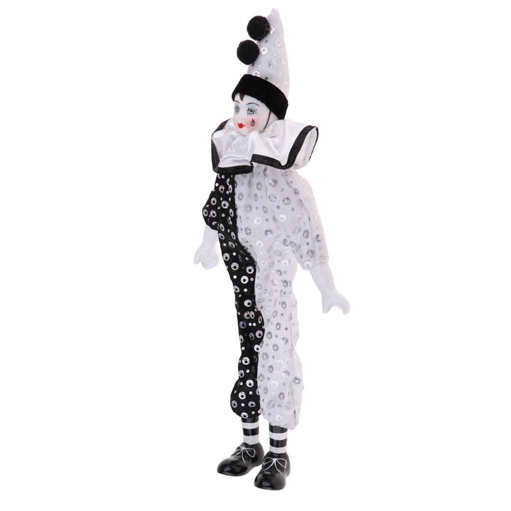 38cm Vintage Porcelain Clown Doll, Hand Painted Harlequin Doll Home Office Display Decoration