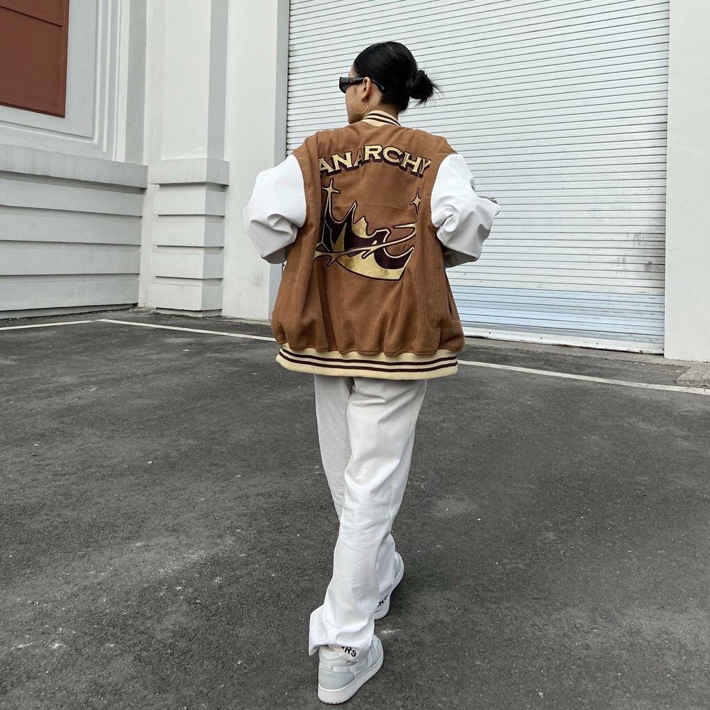 Áo Bomber Jackets Kaki Nhung Gân ANARCHY Form Rộng Unisex Nam Nữ Phong Cách Quốc Dân KTS Ulzzang