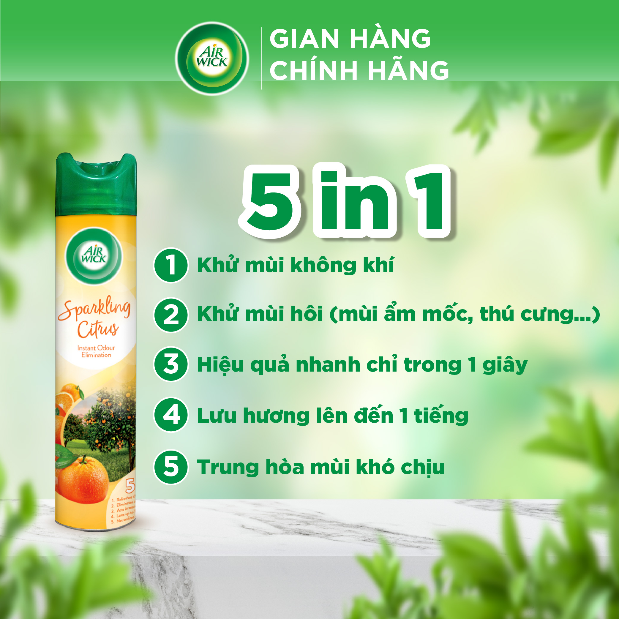 Chai xịt thơm phòng hương cam quýt AIRWICK hương thanh mát, vòi xịt thông minh giúp tỏa hương dễ dàng 300ml