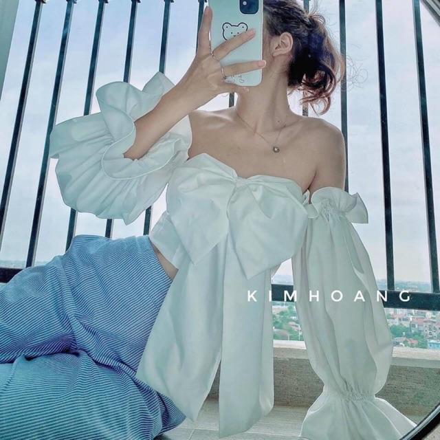 Áo bẹt vai tay phồng nơ bản to sexy