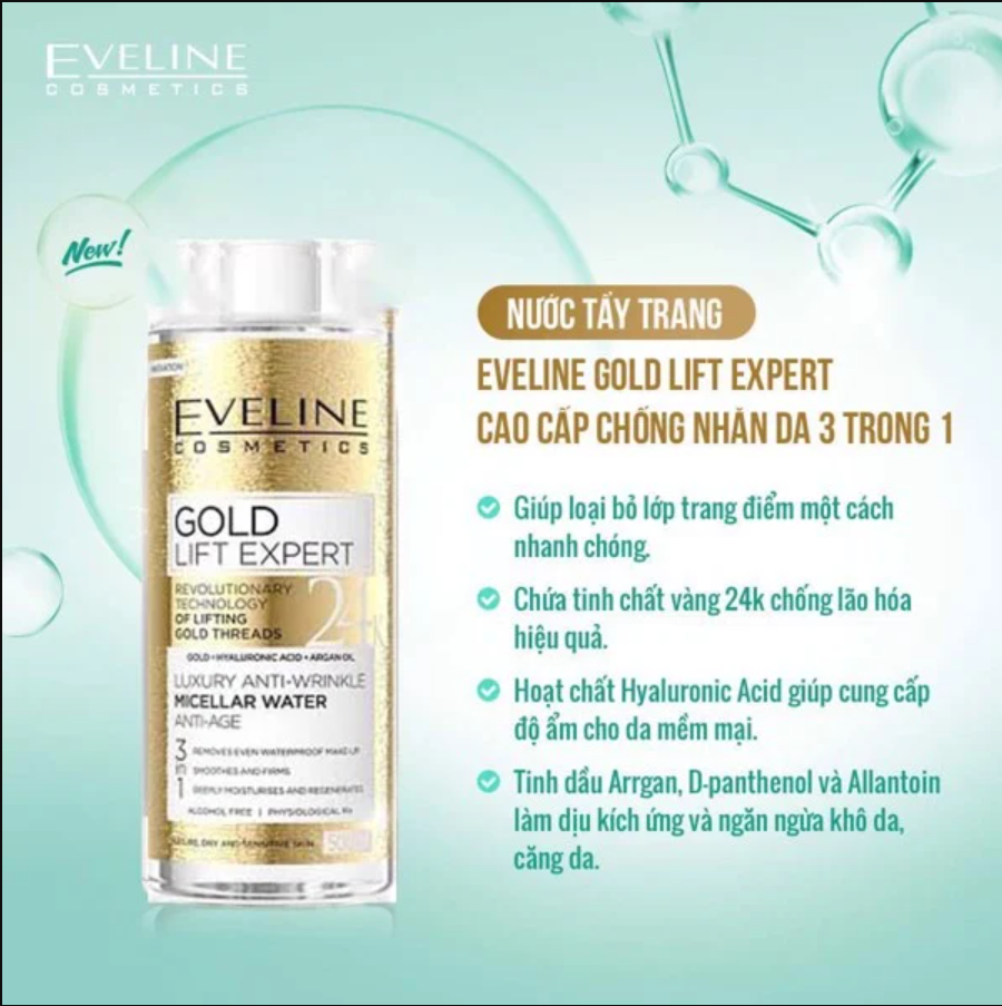 [ Tặng serum eveline 3% ] Nước tẩy trang Eveline Gold Lift Expert cao cấp chống nhăn da 3 trong 1 500ML