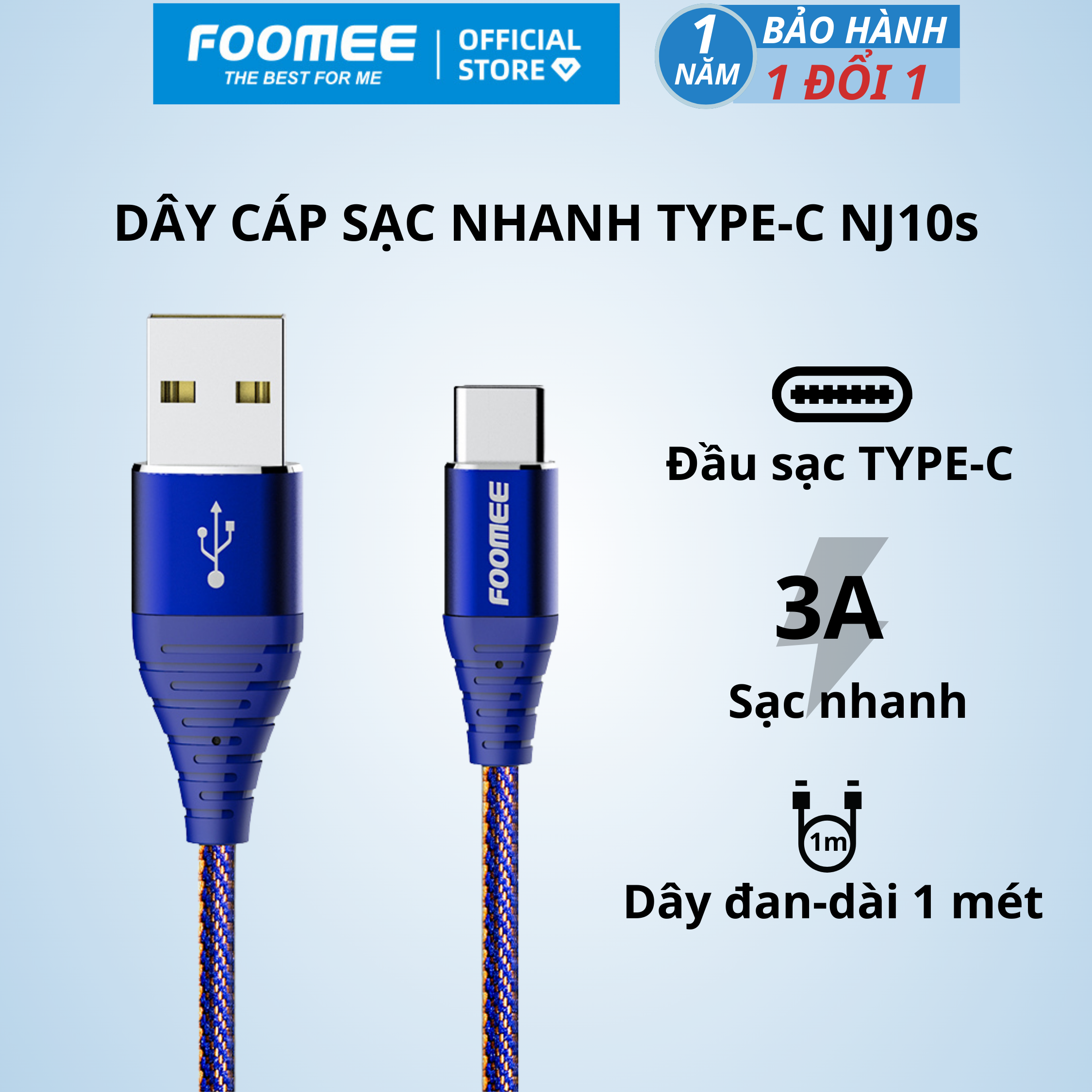 Dây Cáp Sạc Nhanh 2.4A TYPE-C FOOMEE NJ10s -Sợi Nylon Đan 2 Màu Siêu Bền Chống Đứt  Dài 1m - Màu Xanh Dương - Hàng Chính Hãng