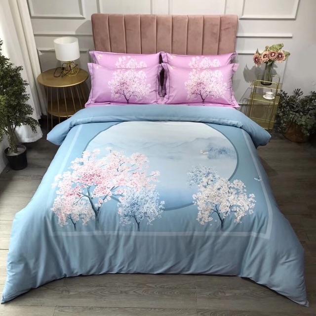 Set Cotton Organic 100%cotton Hàng Nhập Khẩu Cao Cấp 4 Món Hoạ Tiết Hoa Sang Trọng Tông Xanh