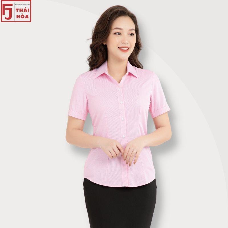 Áo sơ mi nữ Thái Hoà kẻ tăm caro công sở đẹp cao cấp cotton màu hồng 631-10-01