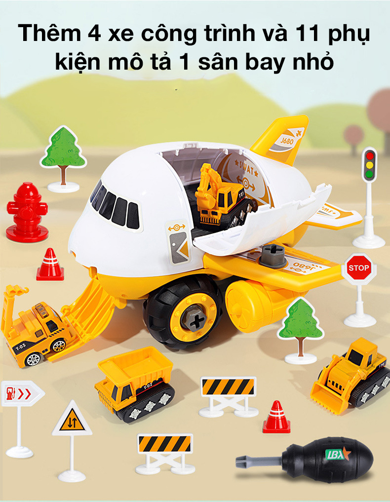 Đồ chơi máy bay lắp ráp KAVY 269-19 kèm 4 xe công trình có tua vít biển bảo rèn luyện kĩ năng thực hành cho bé