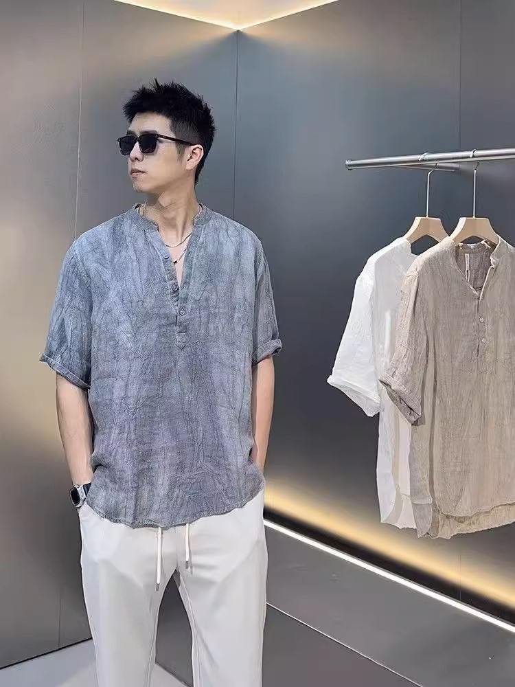 Áo sơ mi đũi nam retro ngắn tay cổ tàu mẫu mới cao cấp
