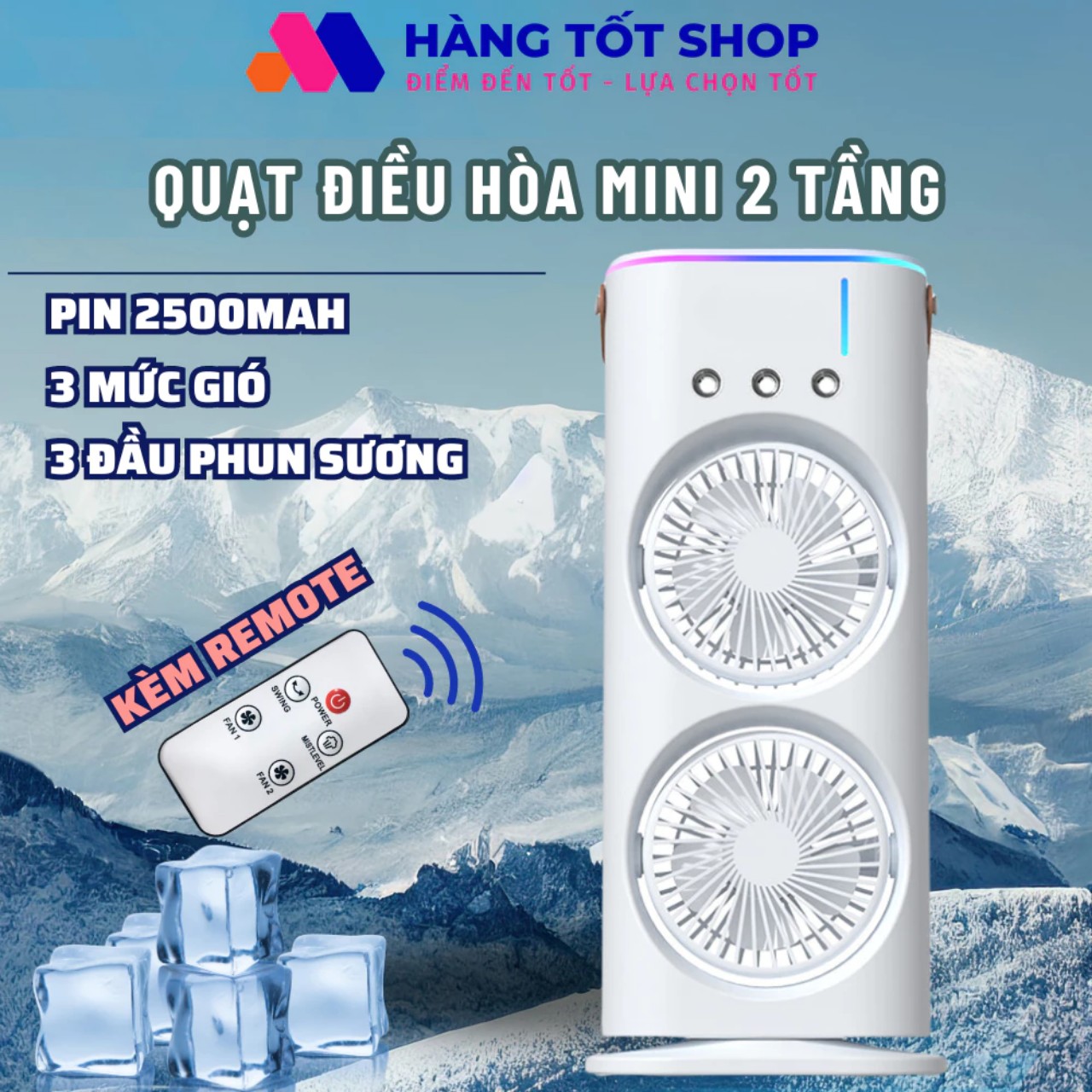 Quạt điều hòa tích điện phun sương để bàn 2 tầng xoay tự động 360 độ dung lượng pin 4500MAH sài liên tục 6h đến 8h