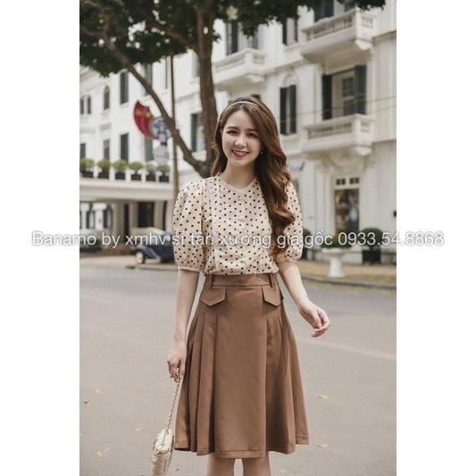 Chân váy xòe midi túi nắp màu đen nâu thời trang Banamo Fashion 5322