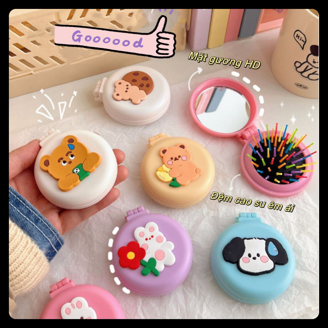 Gương mini kèm lược cầm tay cute trang điểm chải tóc 2 mặt tiện lợi nhiều màu quà tặng dễ thương học sinh nữ giá rẻ