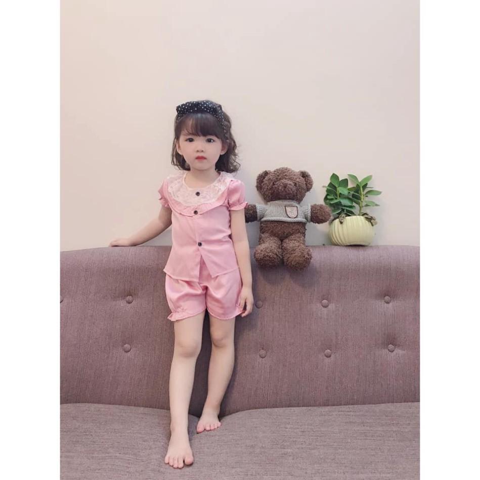 Bộ ngủ Pijama phi lụa cổ ren cho bé gái từ 8kg đến 25kg