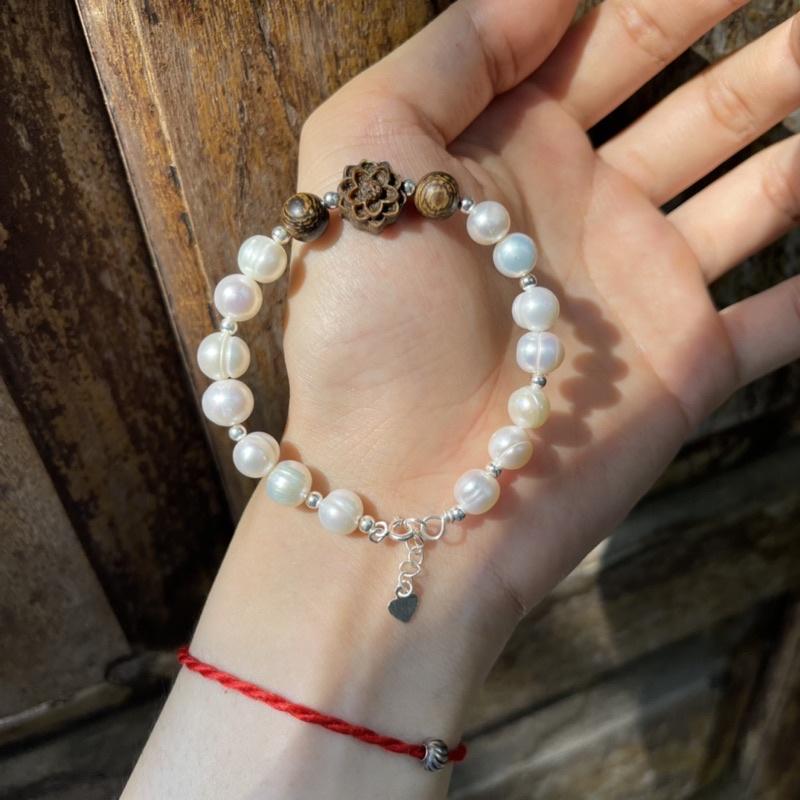 Lắc Tay Ngoc_Trai Mix Hoa Sen Trầm Hương Sánh Chìm - Lắc Bạc Ta Cao Cấp - Phù Hợp Tất Cả Các Mệnh