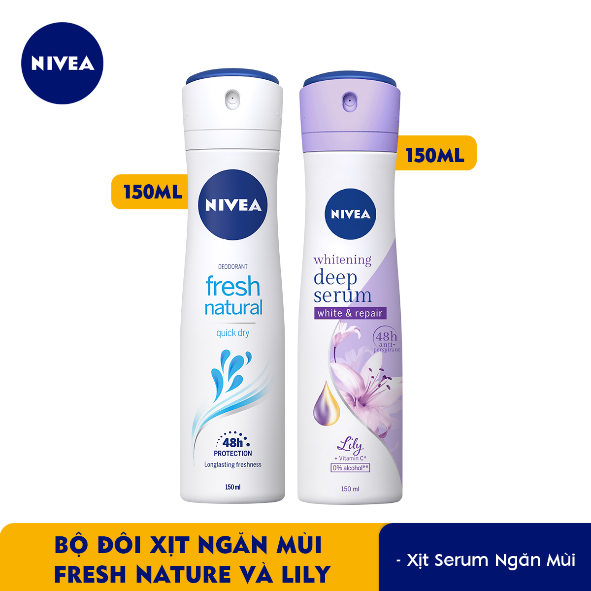 Bộ đôi Xịt Ngăn Mùi NIVEA Fresh Nature Tươi Mát Tự Nhiên (150ml) - 81601 &amp; Xịt Ngăn Mùi Nivea Serum Trắng Mịn Hương Hoa Lily (150ml) 85312