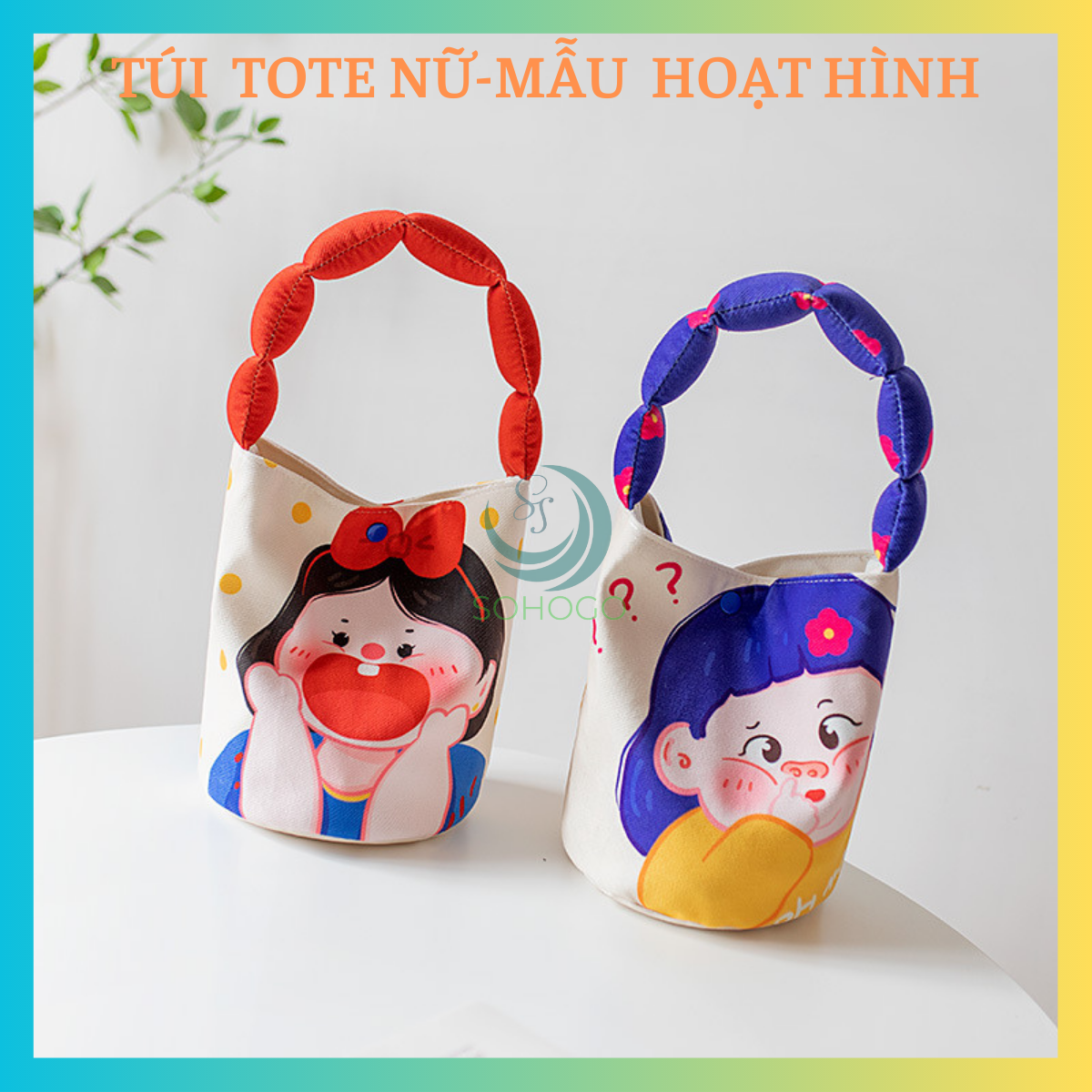 Túi Tote Nữ Vải Bố Canvas Cao Cấp In Họa Tiết Hoạt Hình 2 Ngăn Dùng Đi Du Lịch -Phong Cách Thời Trang Hàn Quốc