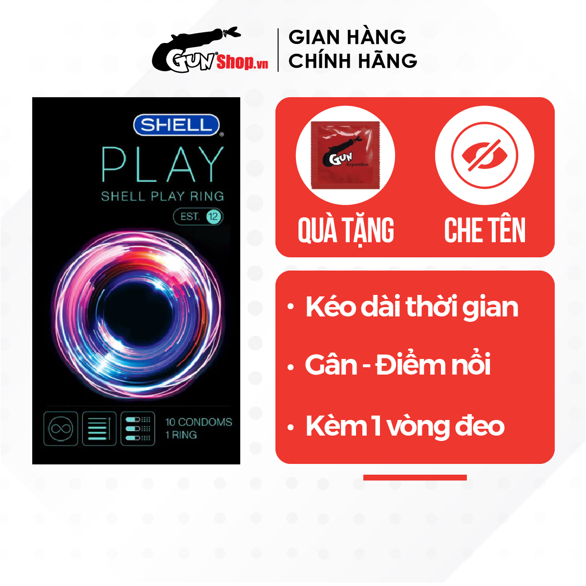 Bao cao su Shell Play Ring 6 tính năng - Hộp 10 cái | GUNSHOP VIỆT NAM