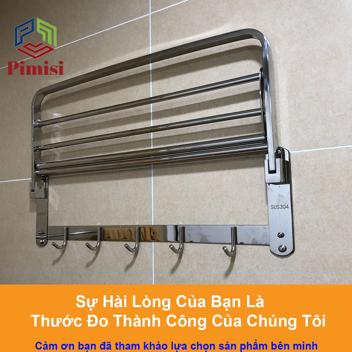 Kệ giá treo khăn tắm dán tường trong nhà vệ sinh Pimisi PR-011WM inox 304 giàn đa năng có kèm keo dán | hàng chính hãng