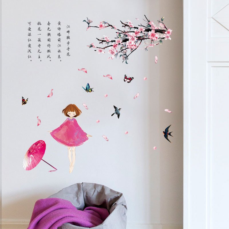 Decal dán tường cô gái hồng cành hoa đào thơ mộng