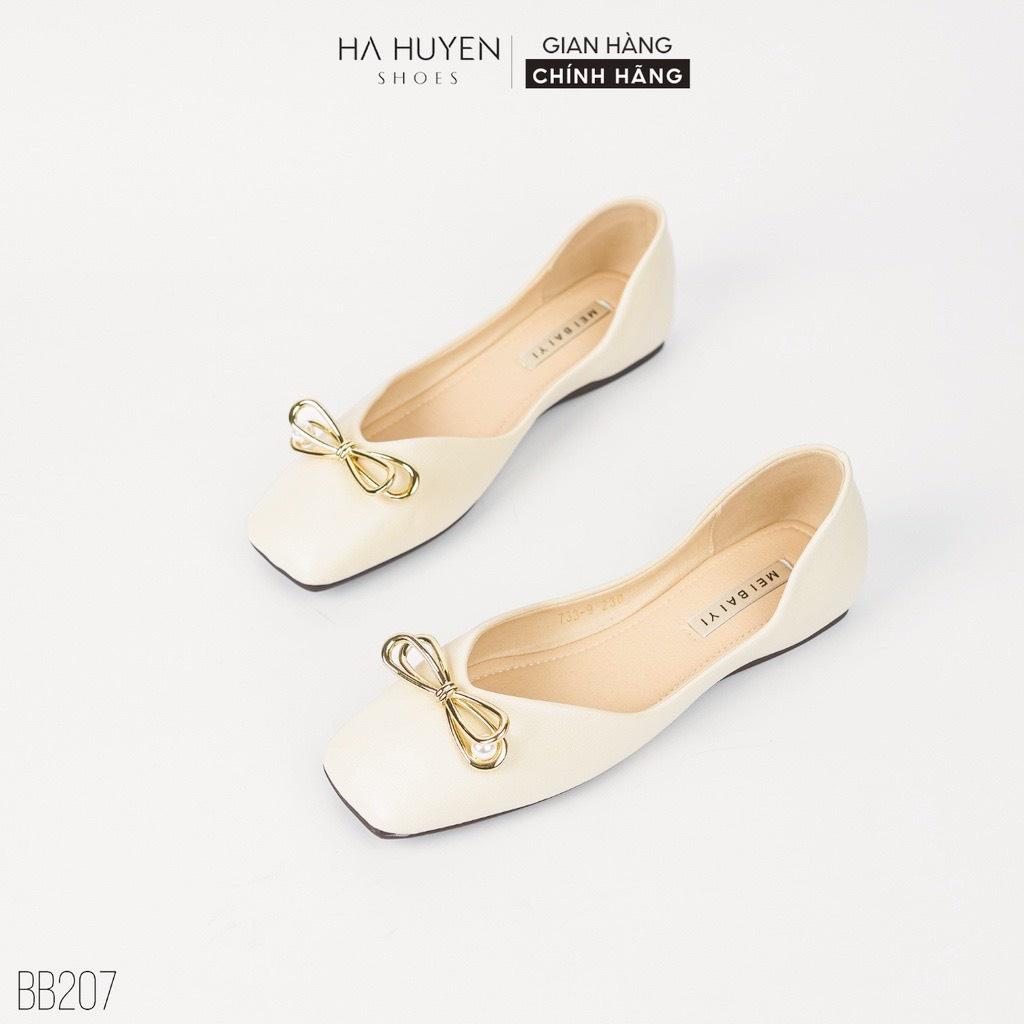 Giày búp bê nữ Hà Huyền Shoes mũi vuông phối nơ kim loại sang trọng - BB207