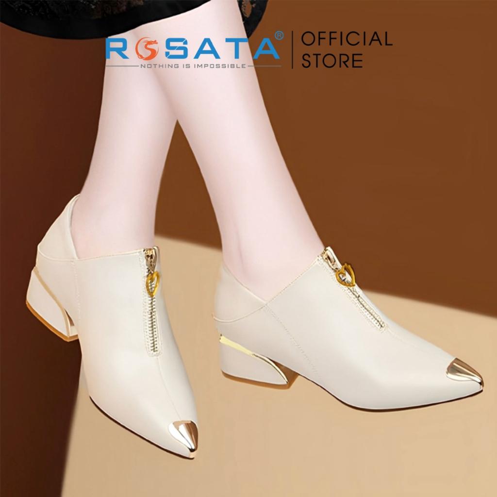 Giày bốt nữ ROSATA RO305 cổ thấp mũi nhọn họa tiết khóa kéo dọc chân viền vàng gót cao 4cm xuất xứ Việt Nam - Kem