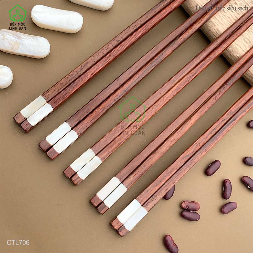 (5 Đôi) Đũa ăn cơm xuất Hàn gỗ trắc ốp xà cừ 2 cạnh siêu sạch (CTL706-5)