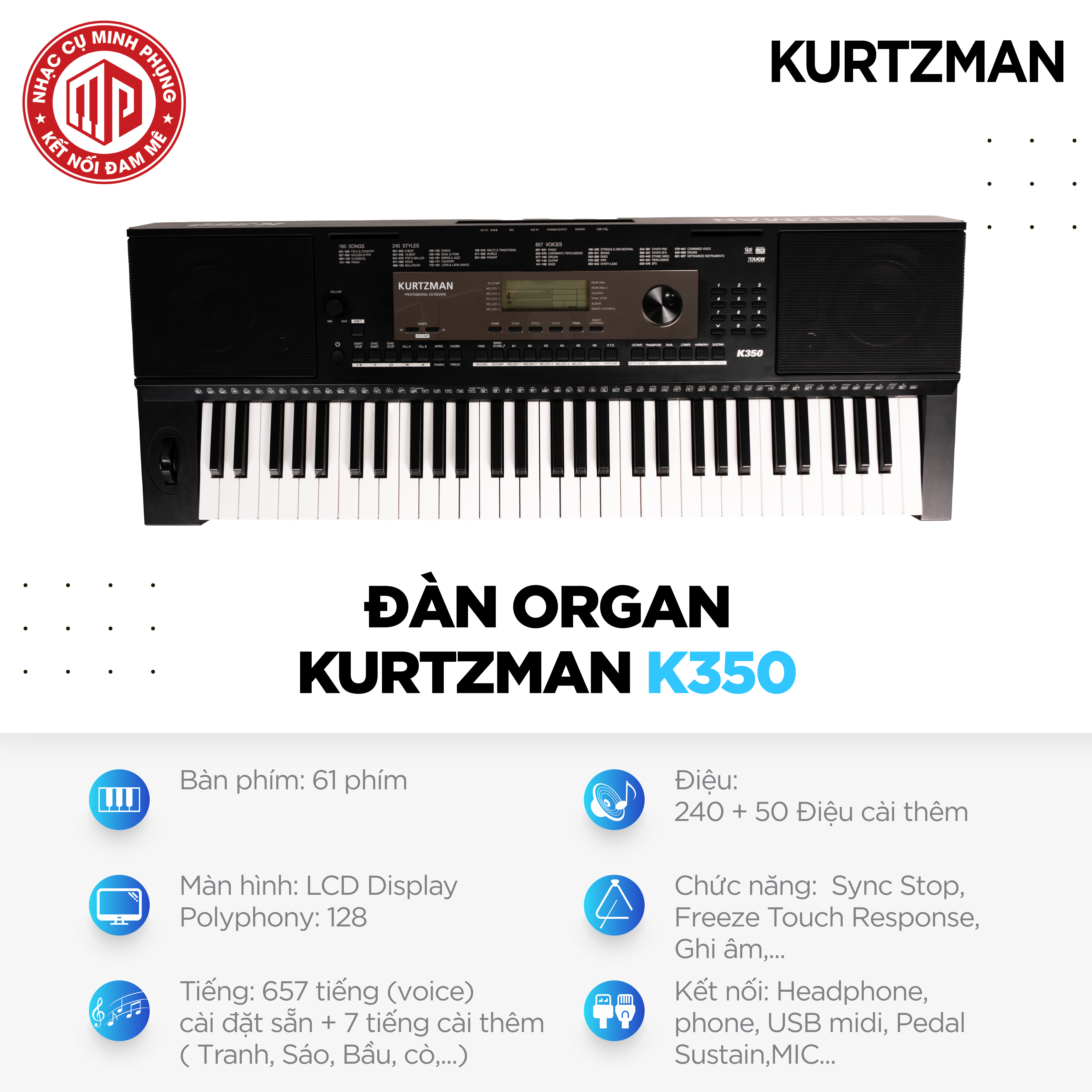 Đàn Organ điện tử/ Portable Keyboard - Kzm Kurtzman K350 - Best keyboard for Minishow - Màu đen (BL) - Hàng chính hãng