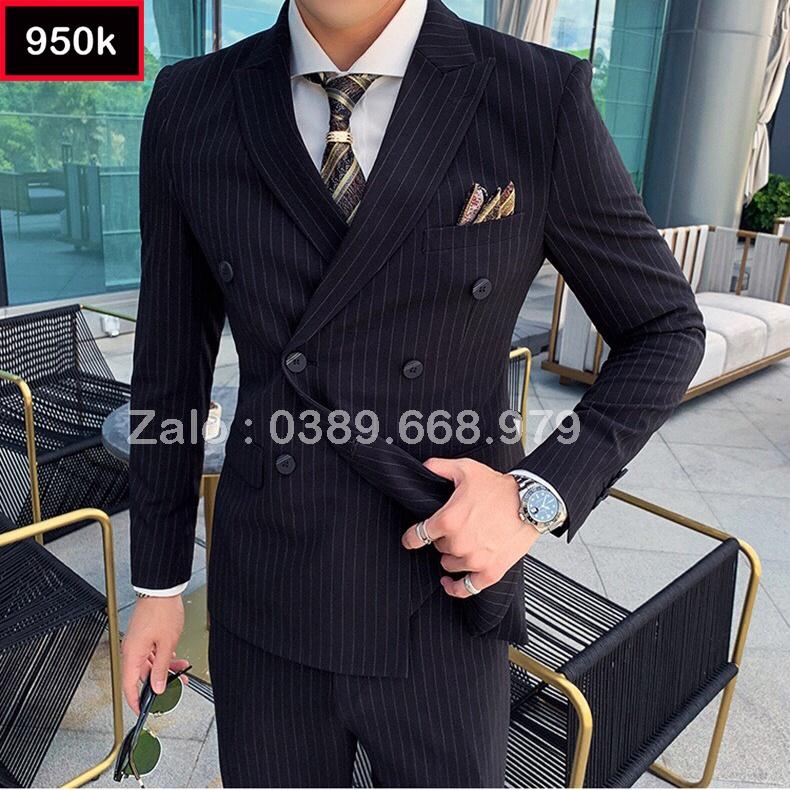 Bộ Vest Nam Cao Cấp 6 Cúc kẻ sọc màu đen