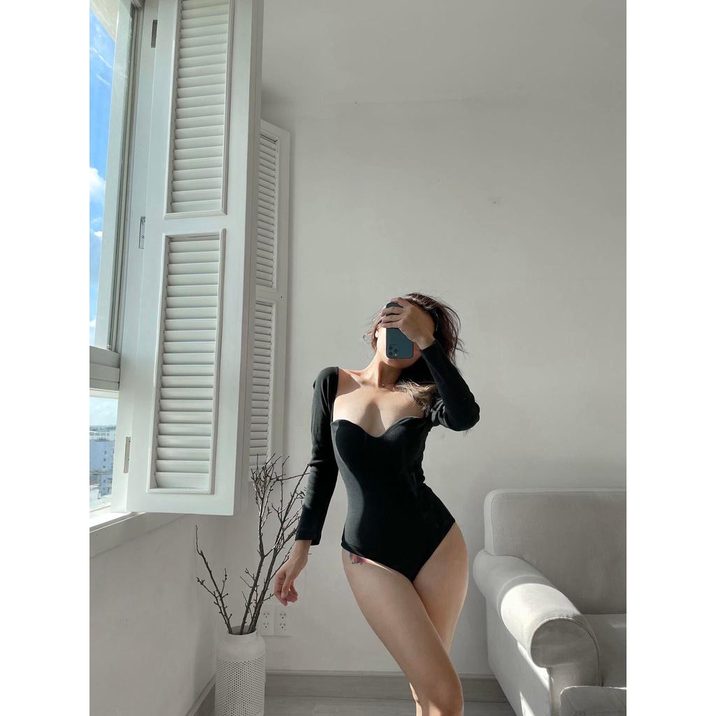 Áo bodysuit tay dài thun gân co giãn có mút ngực