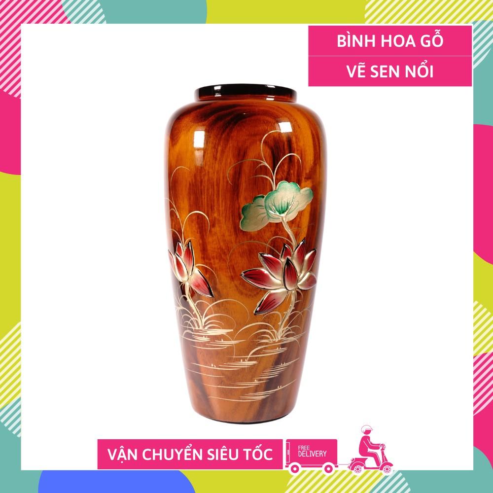 Bình hoa gỗ lỡn vẽ sen nổi lá lan mỹ nghệ cao cấp - Cao 30cm