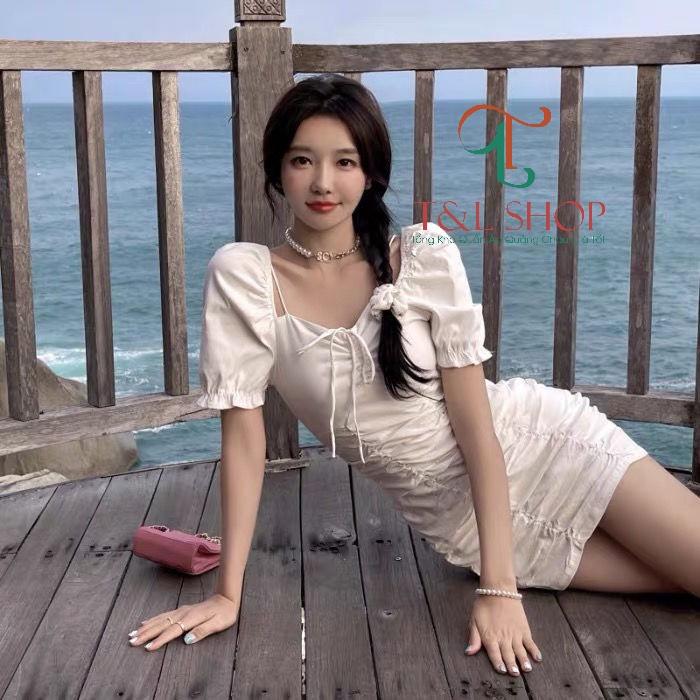 Đầm Ôm Body Nhún Trễ Vai Tay Ngắn Cổ Vuông Phối Dây Thắt Nơ Phong Cách Hàn Quốc