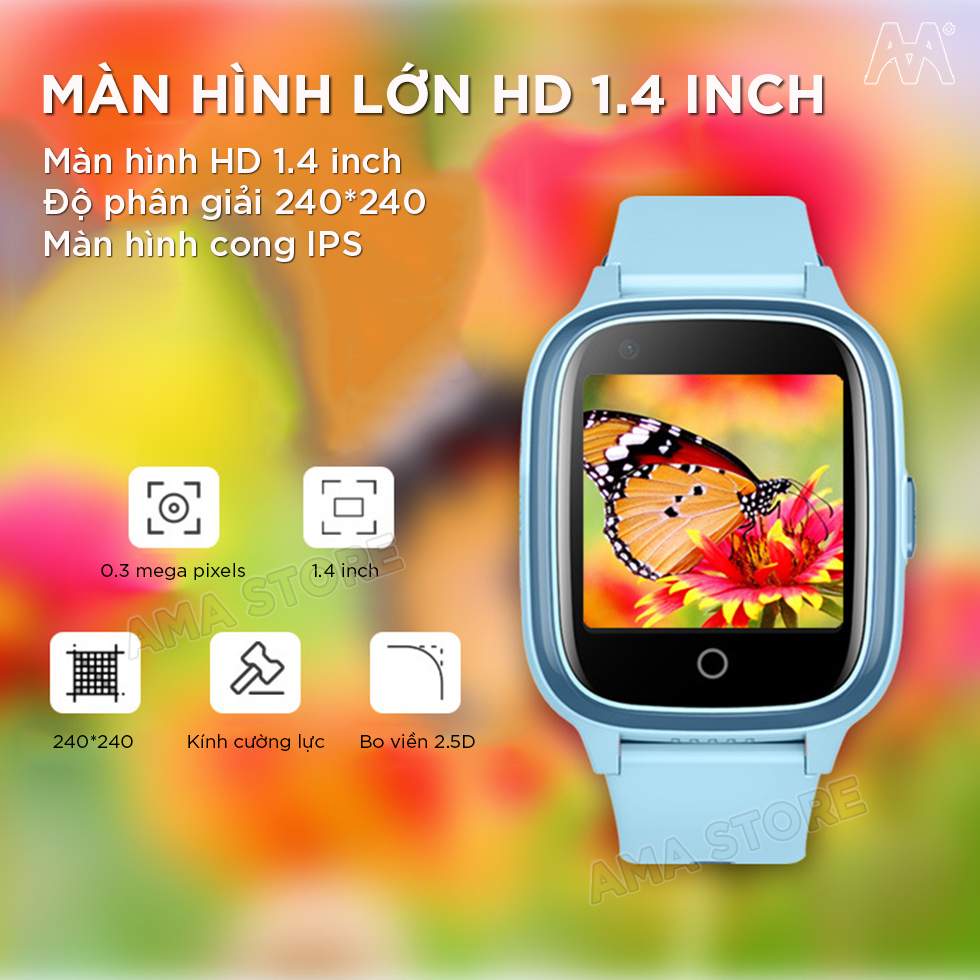 Đồng hồ Thông minh gắn Sim nghe gọi Chống nước IP67 Gọi Video call Định vị GPS, WIfi dàn cho Trẻ em học sinh cấp 1 2 5 6 7 8 9 10 11 12 tuổi AMA Watch D32 Hàng nhập khẩu